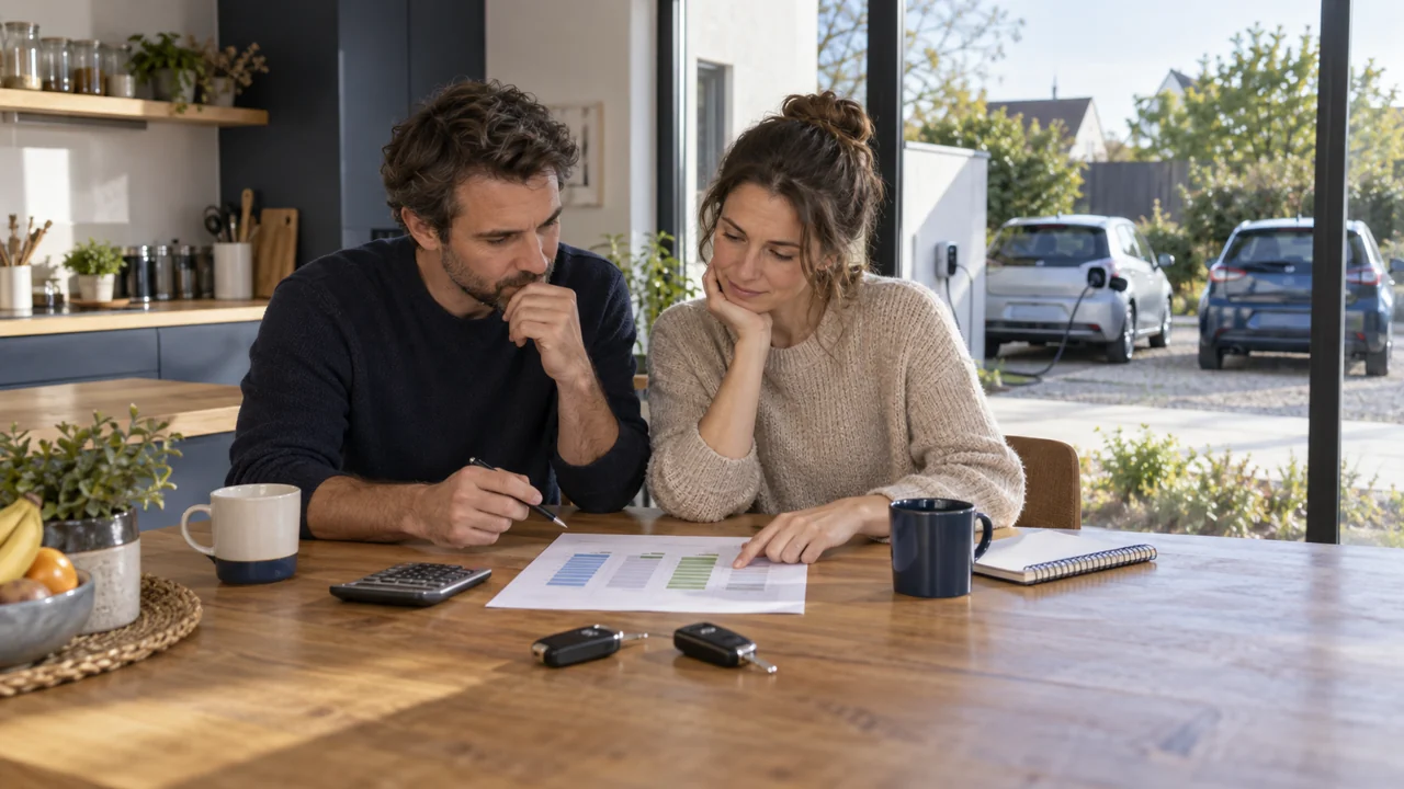Un couple compare les postes de dépense de deux voitures