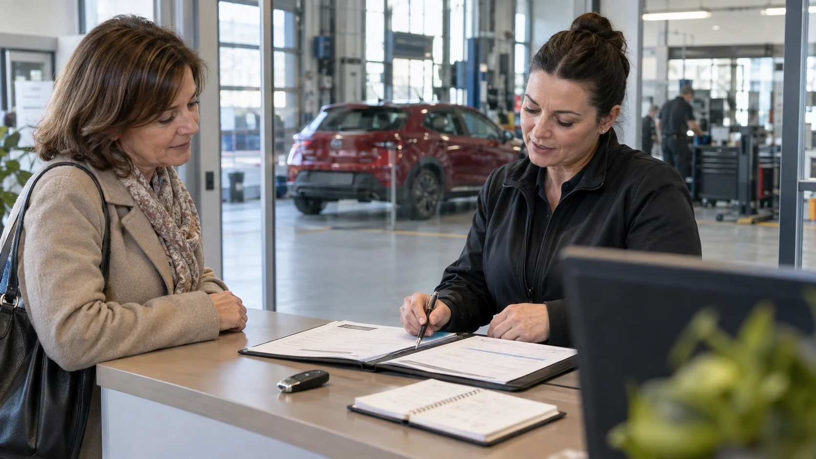 Préparation d’un rendez-vous d’entretien au comptoir d’un atelier automobile.
