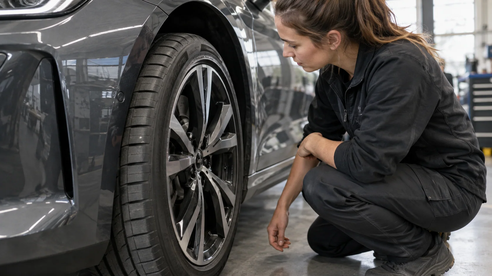 Observation du pneu d’une voiture dans un atelier automobile.