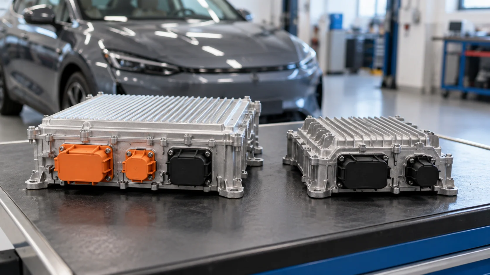 Deux boîtiers électroniques de puissance automobiles fermés sur un établi.