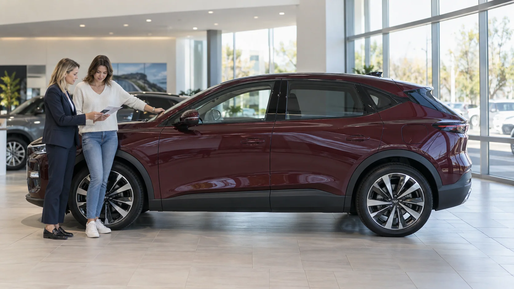 Une cliente et une conseillère consultent les caractéristiques d’une voiture dans un showroom.
