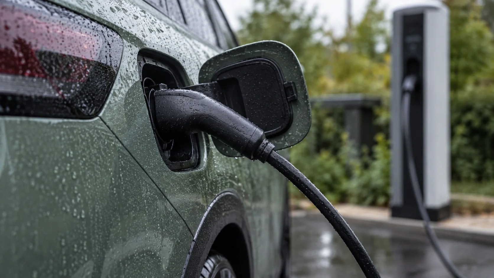 Un câble branché à une voiture électrique sous une pluie fine.