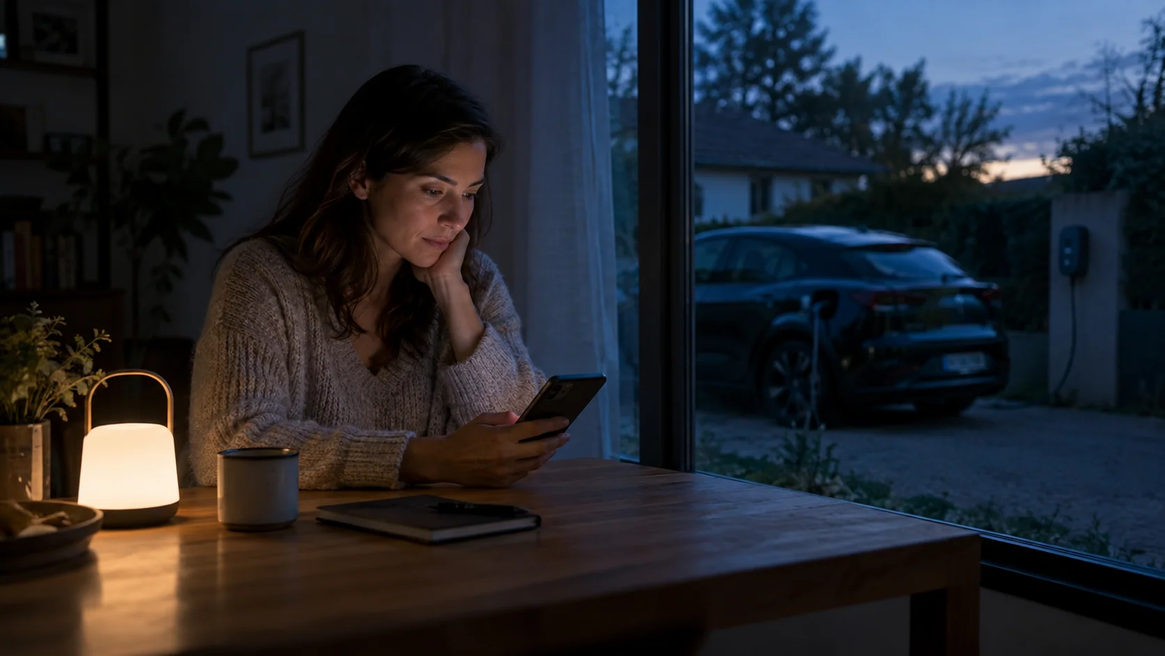 Une conductrice prépare son déplacement à la lumière d’une lampe autonome.