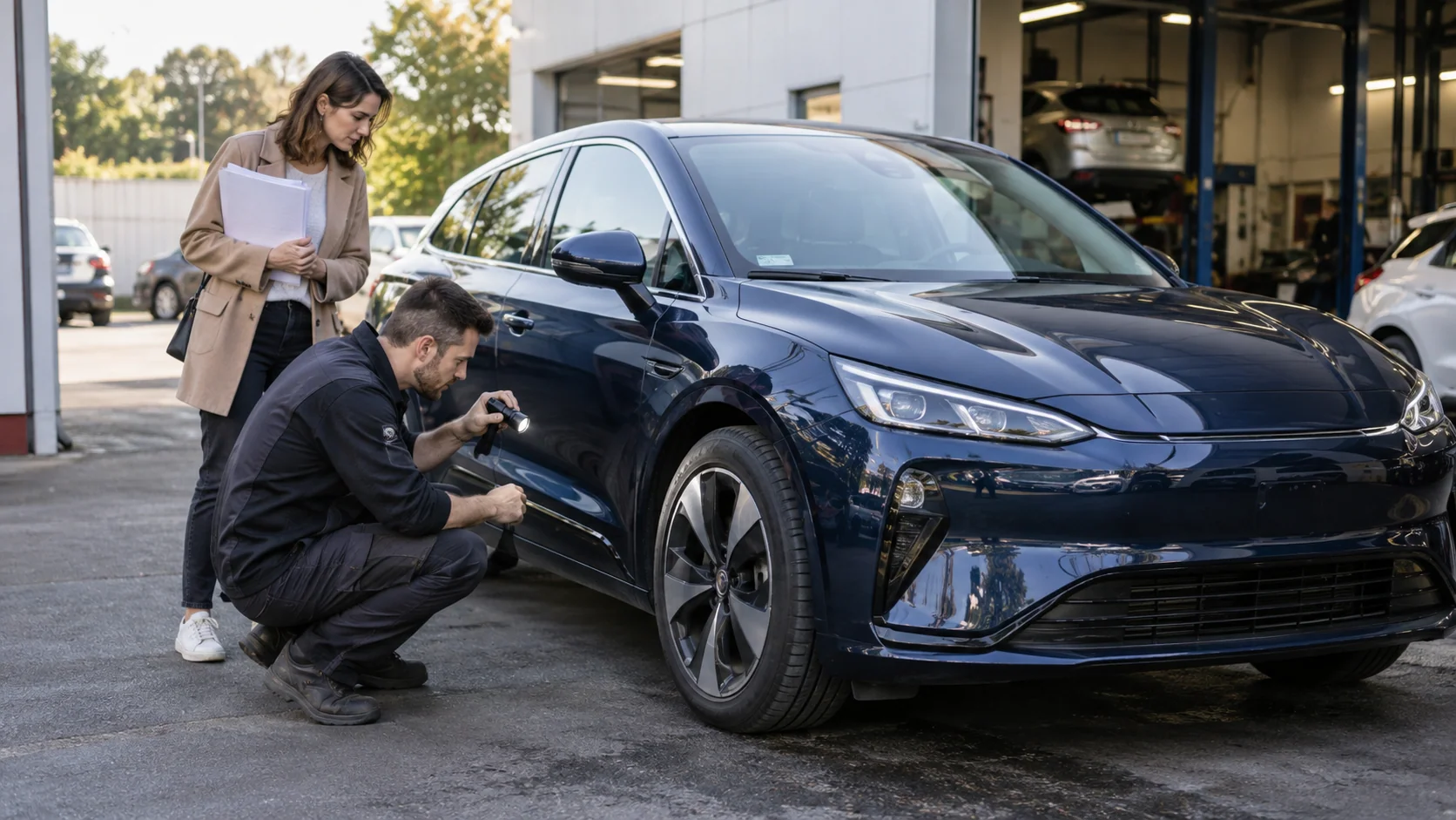 Une acheteuse accompagne le contrôle extérieur d’une voiture électrique d’occasion.