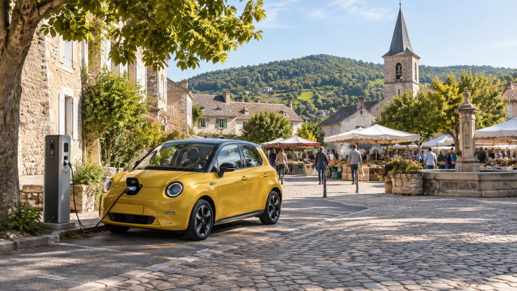 Une citadine électrique recharge près du marché d’un village.