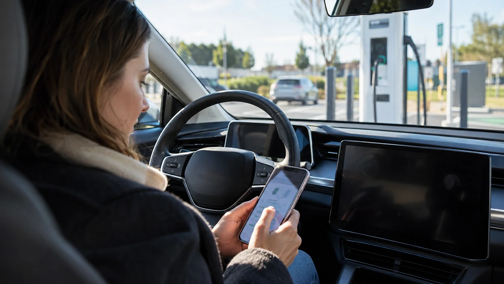 Une conductrice prépare le lancement de sa recharge depuis sa voiture arrêtée.