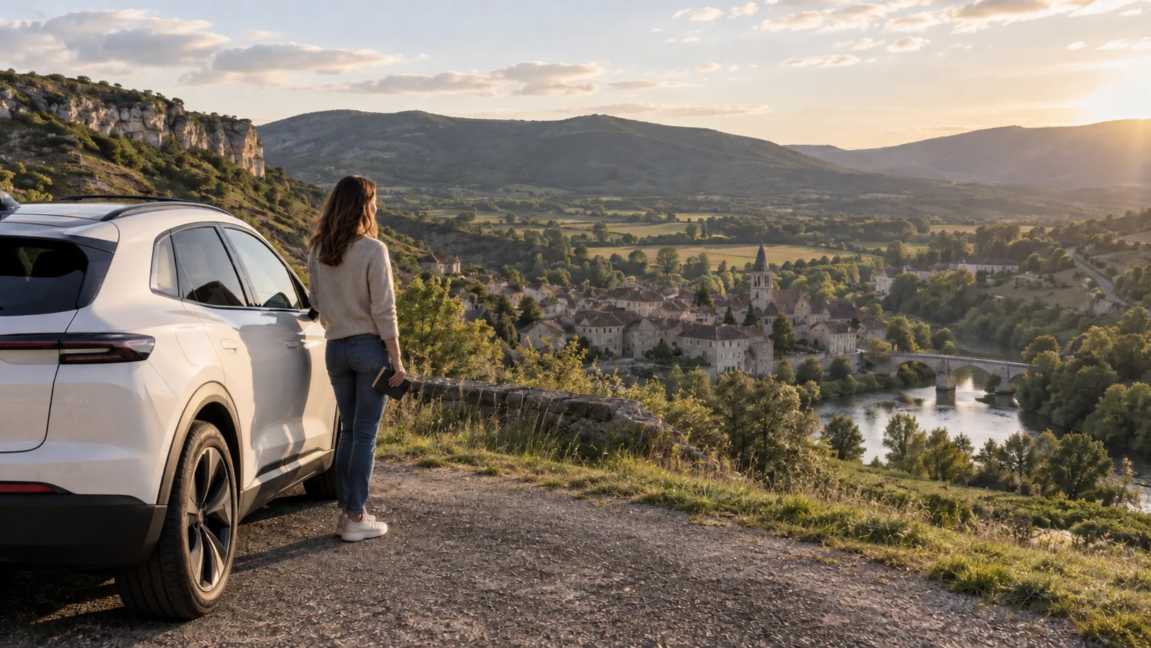 Conductrice et voiture électrique à un belvédère dominant une vallée.