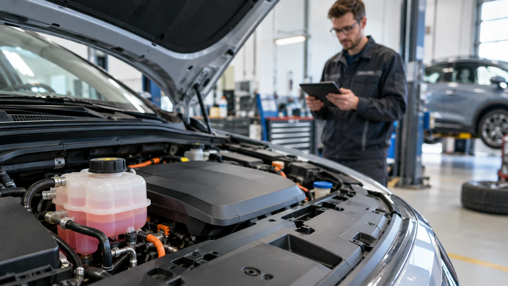Contrôle documentaire du circuit thermique d’une voiture électrique en atelier.
