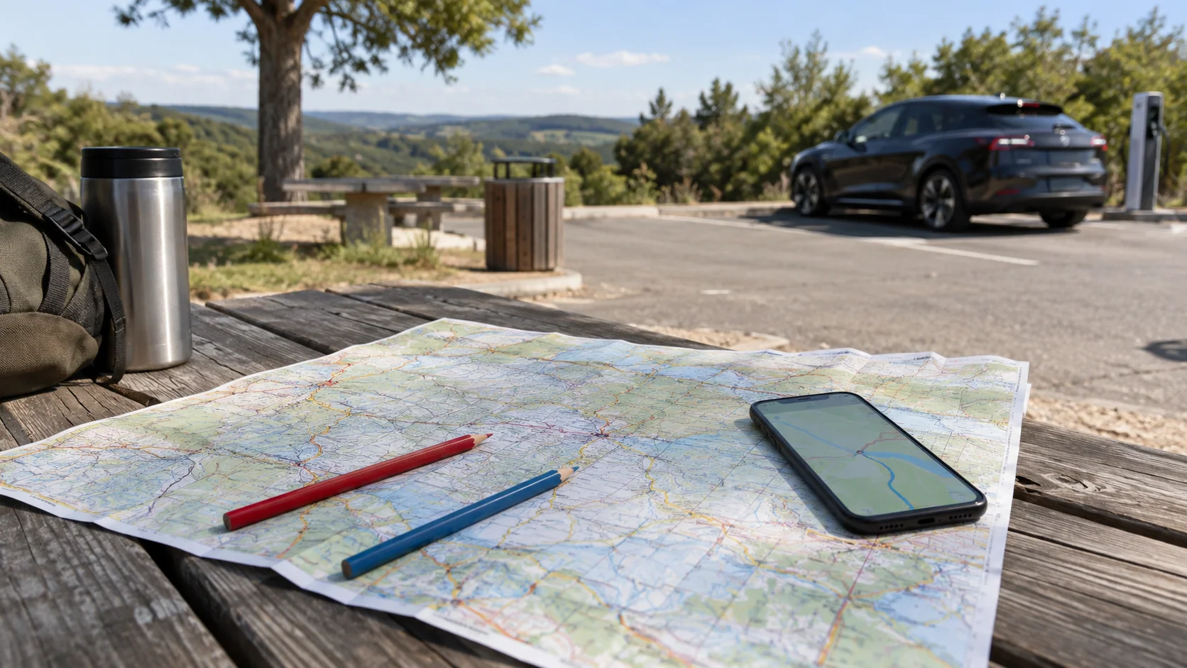 Préparation d’étapes de recharge sur une carte routière à une aire de repos.