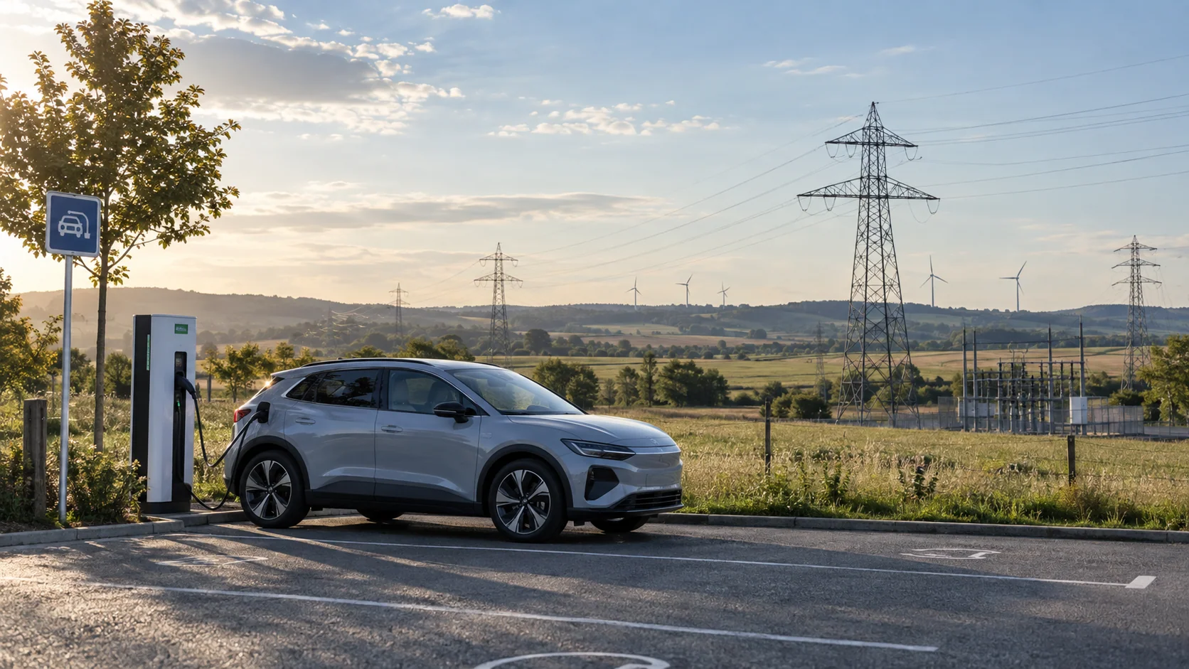 Voiture en recharge dans un paysage avec réseau électrique et éoliennes.