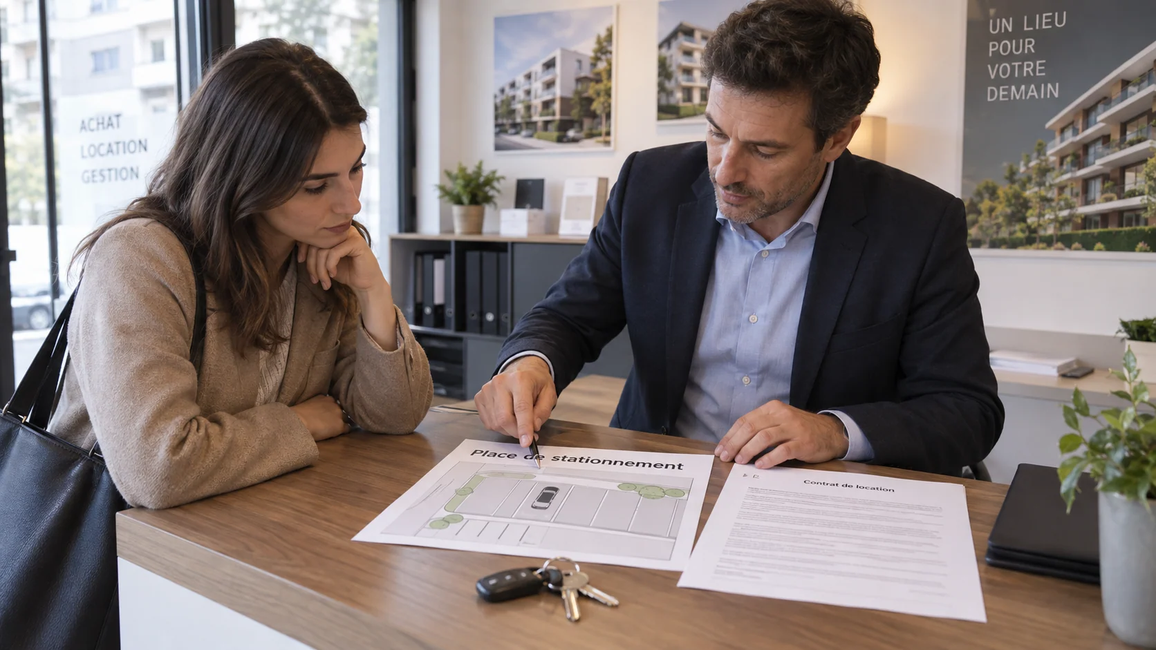 Examen d’un contrat et du plan d’une place de stationnement en agence.