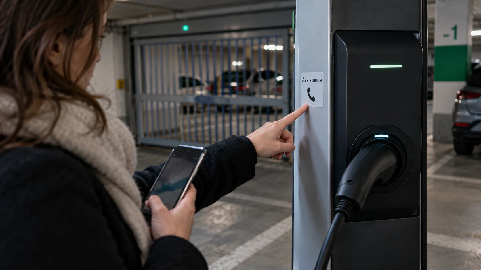 Résidente repérant l’assistance sur la borne de recharge de son immeuble.