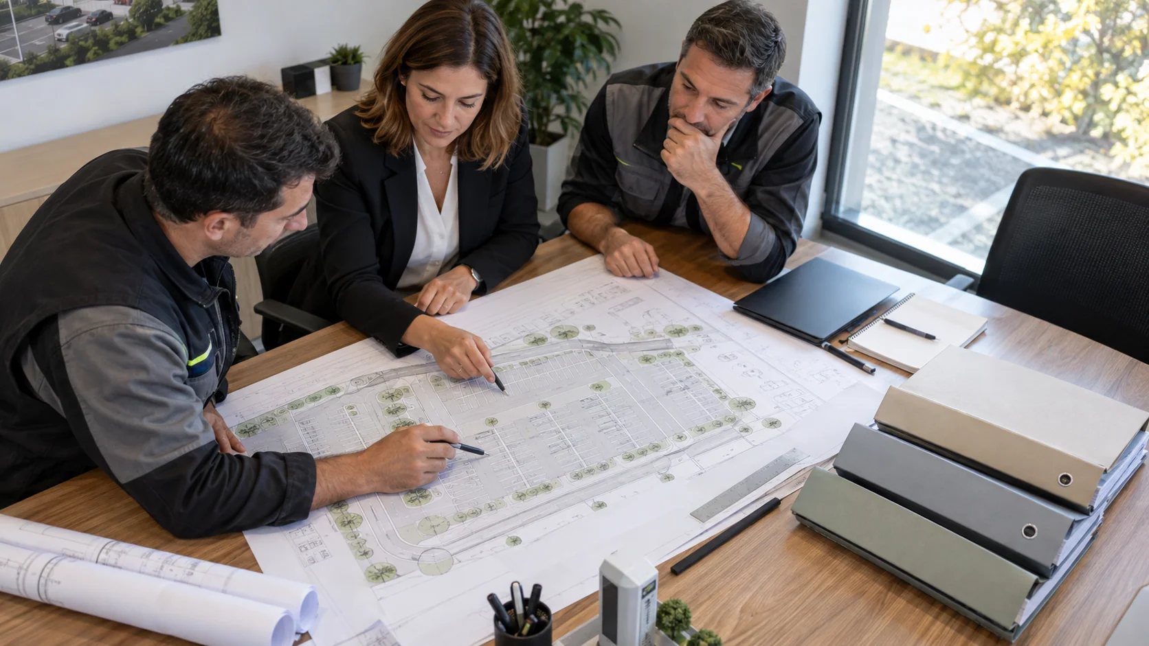 Étude d’un même plan de parking avec plusieurs interlocuteurs techniques.