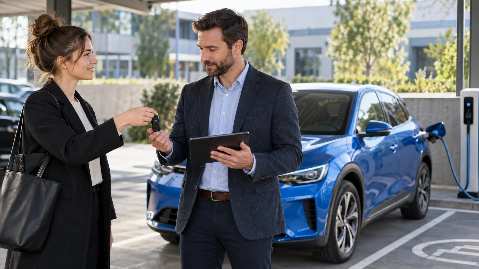 Remise d’un véhicule électrique et de ses clés à une collaboratrice.