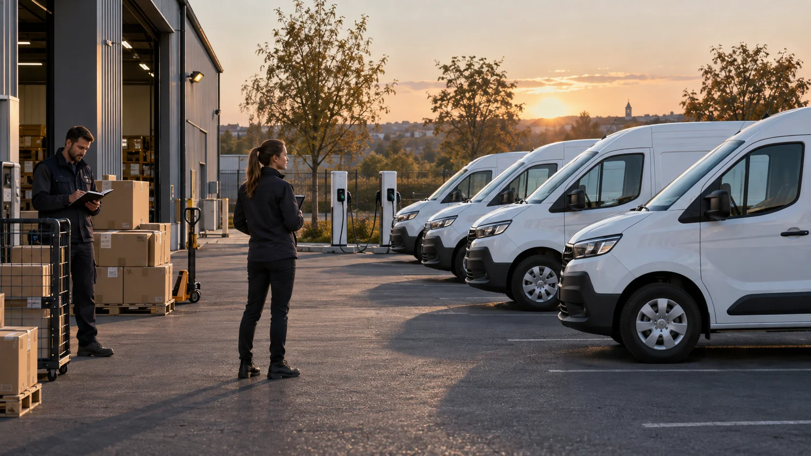 Préparation des tournées d’une flotte d’utilitaires électriques au dépôt.