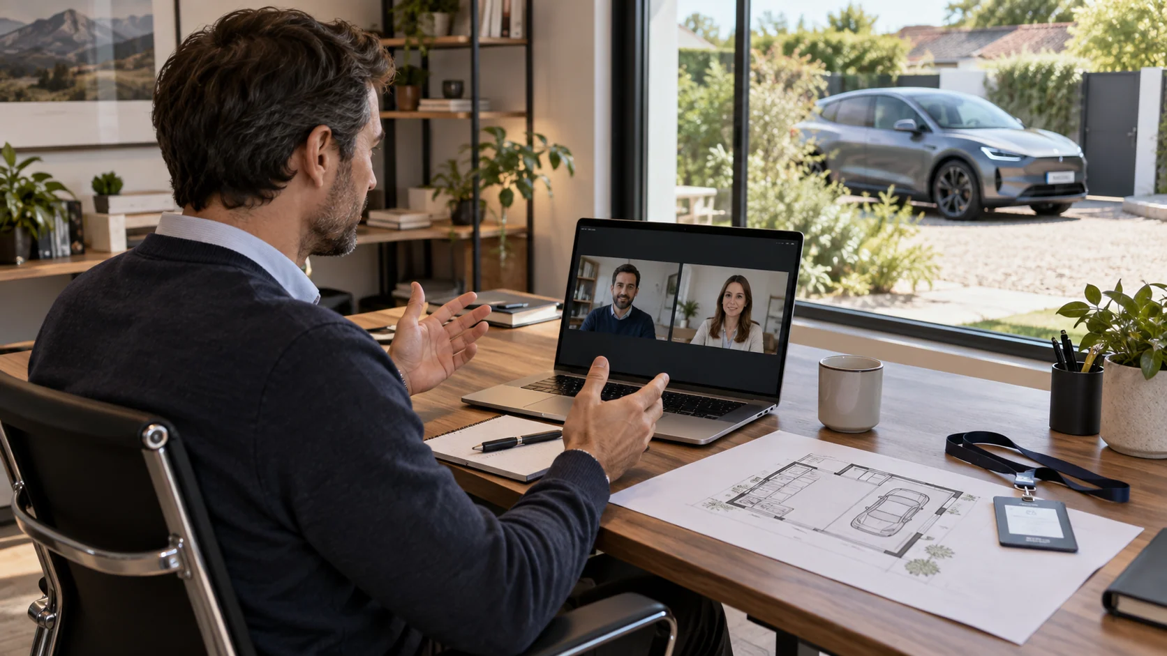 Un collaborateur prépare à distance un projet de recharge à son domicile
