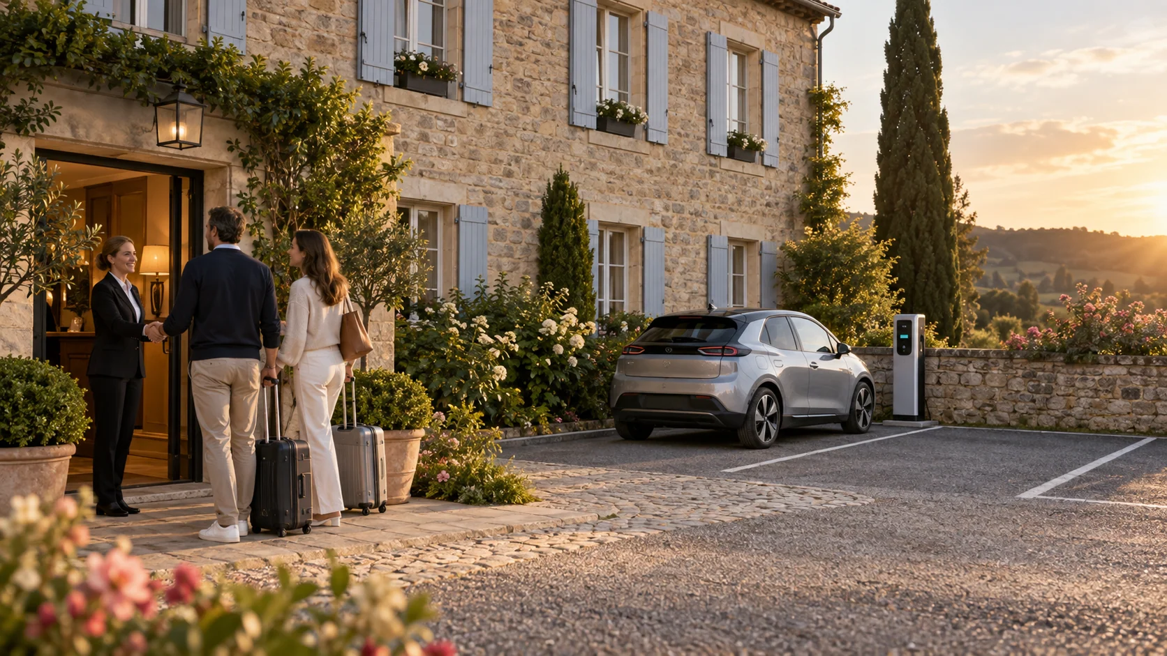Arrivée de voyageurs dans un hôtel équipé pour la recharge.