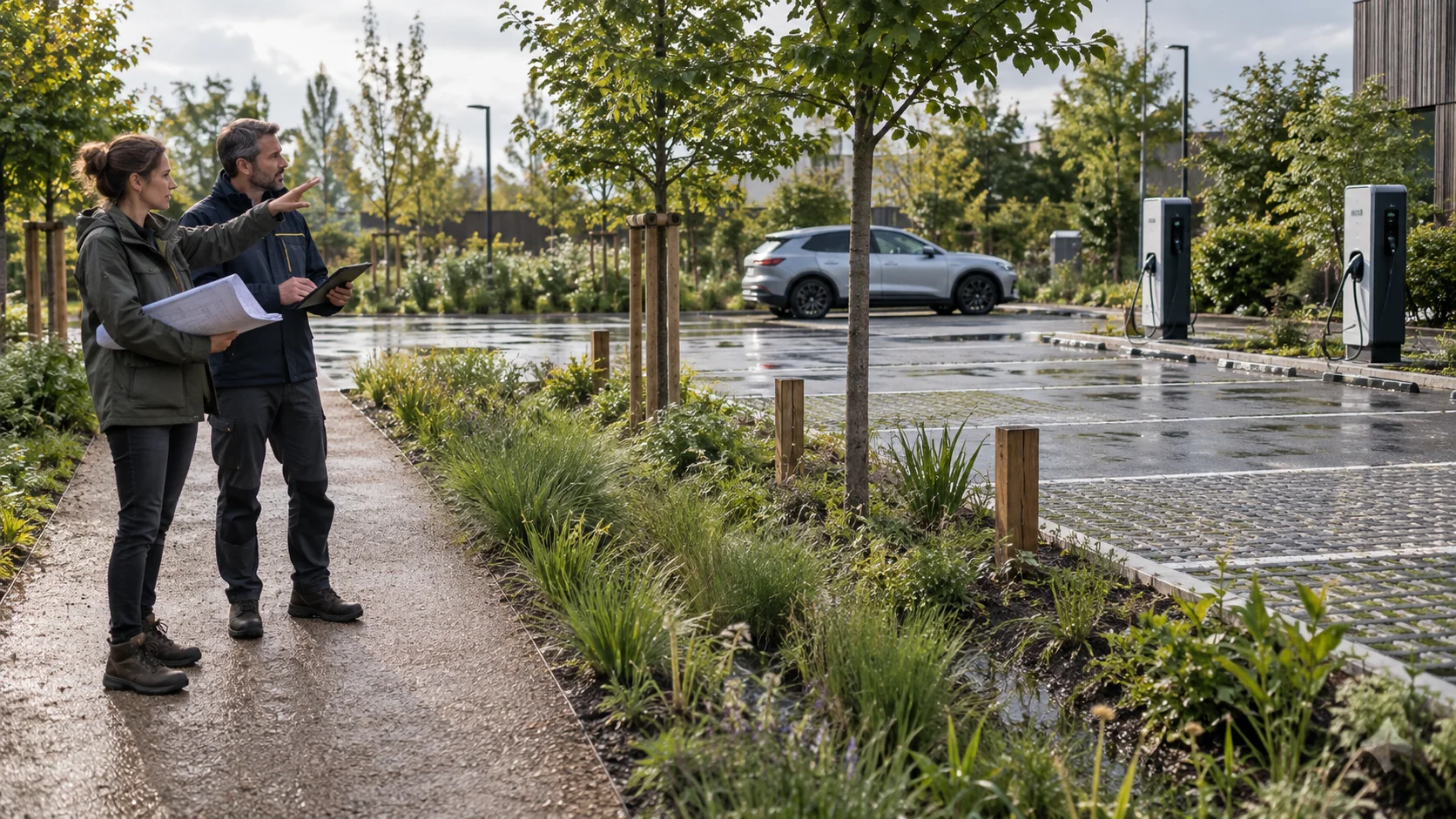 Étude d’un parking avec recharge et espaces végétalisés.