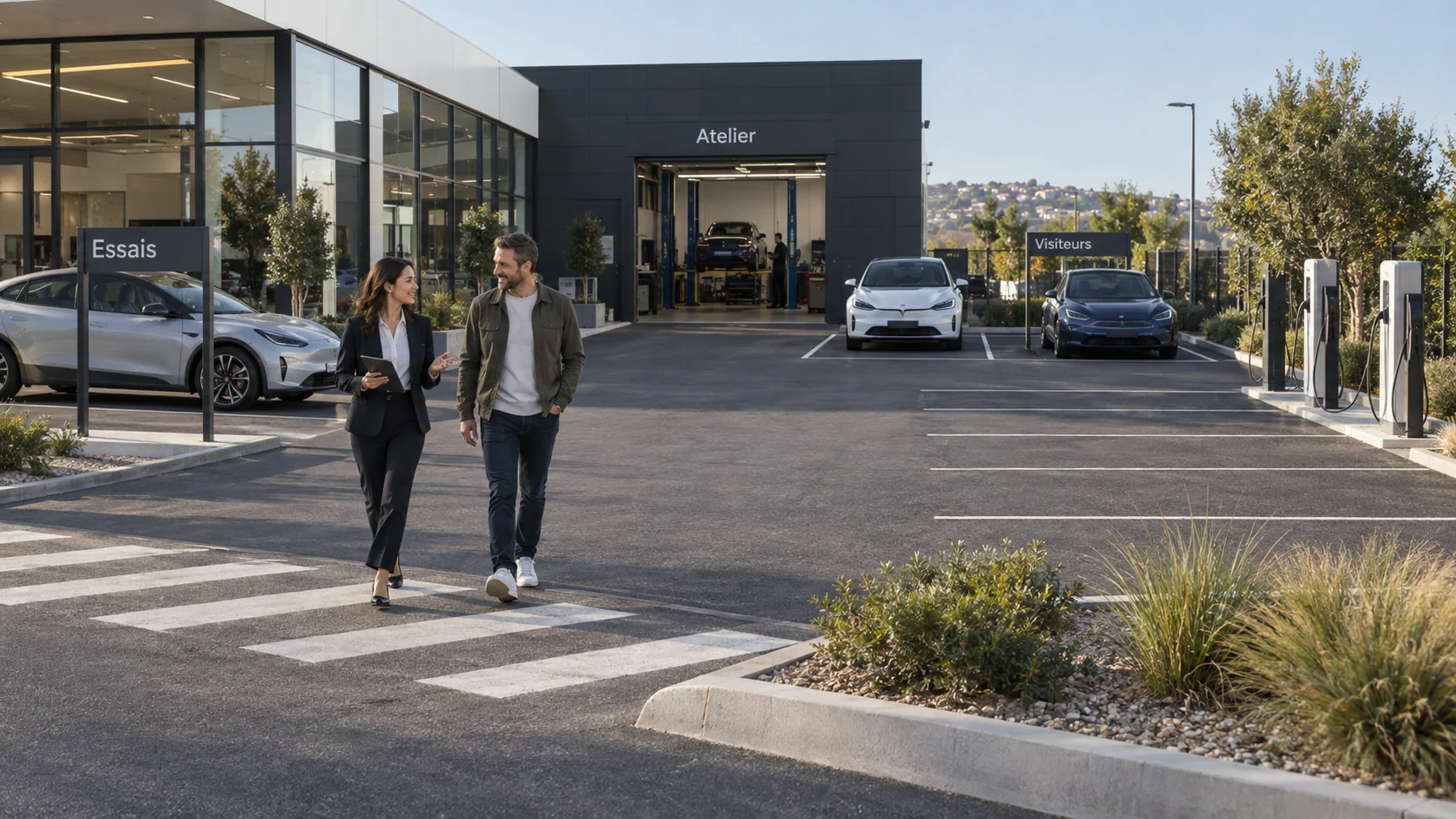 Organisation des espaces de recharge dans une concession automobile.