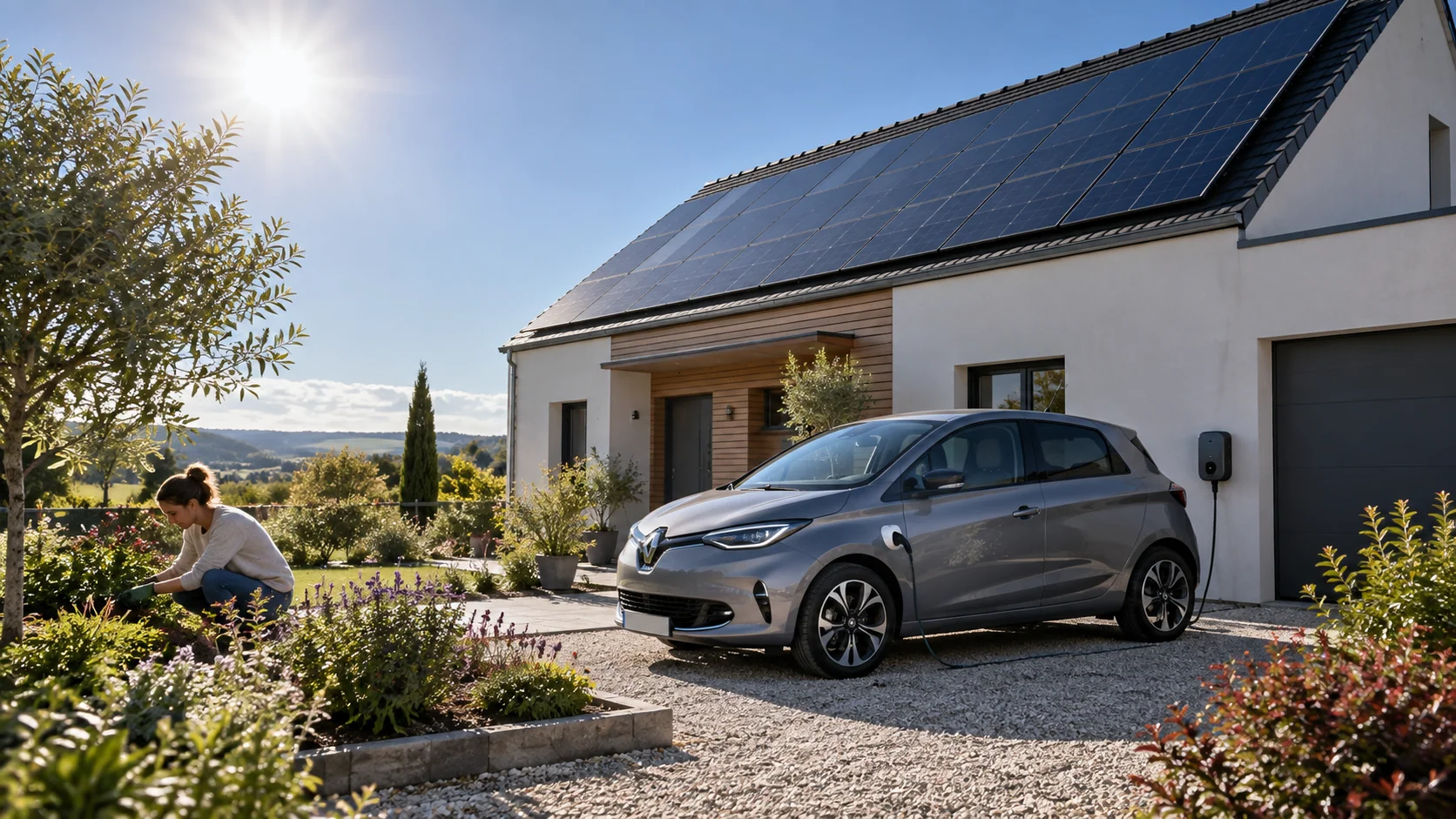 Recharge d’une voiture au domicile équipé de panneaux photovoltaïques.