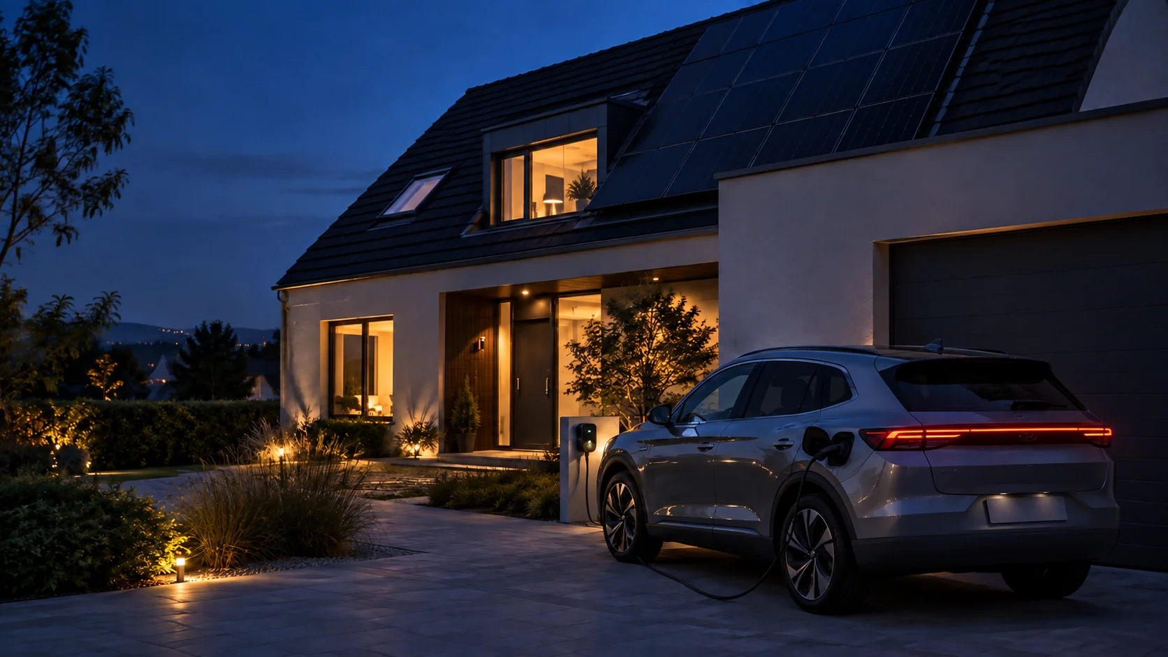 Recharge nocturne d’une voiture devant une maison solaire.