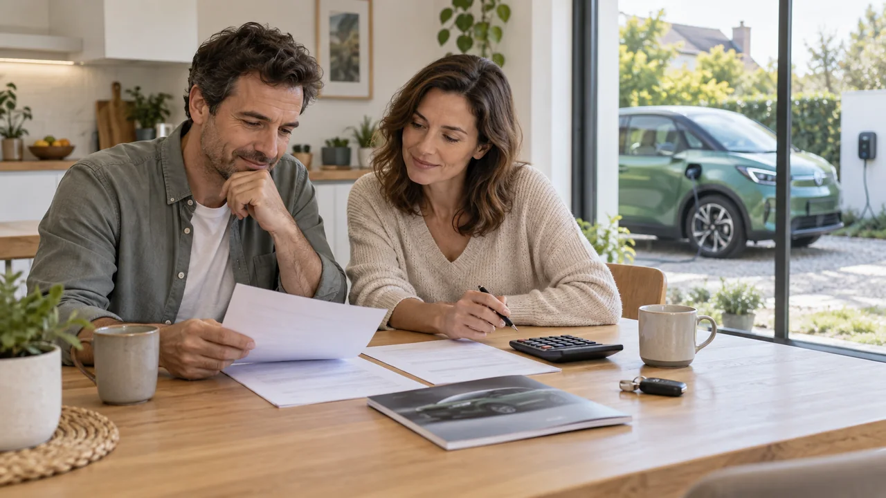 Couple étudiant les documents et le budget d’un achat de voiture électrique.