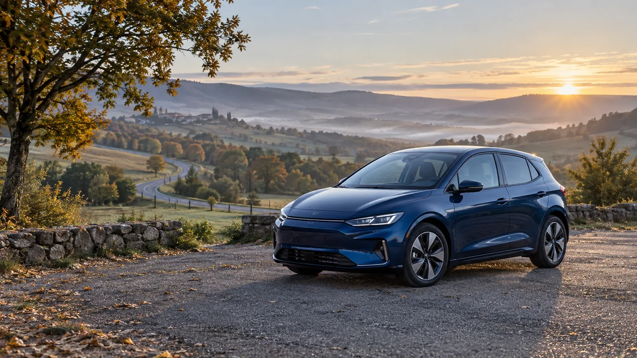 Voiture électrique sur une route de campagne vallonnée.