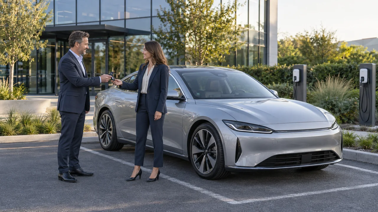 Remise des clés d’une voiture électrique de fonction sur un parking d’entreprise.