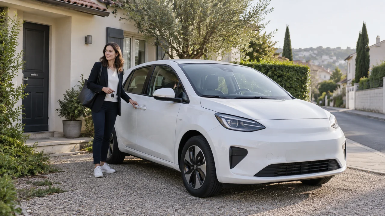 Conductrice préparant son départ au travail avec une citadine électrique.