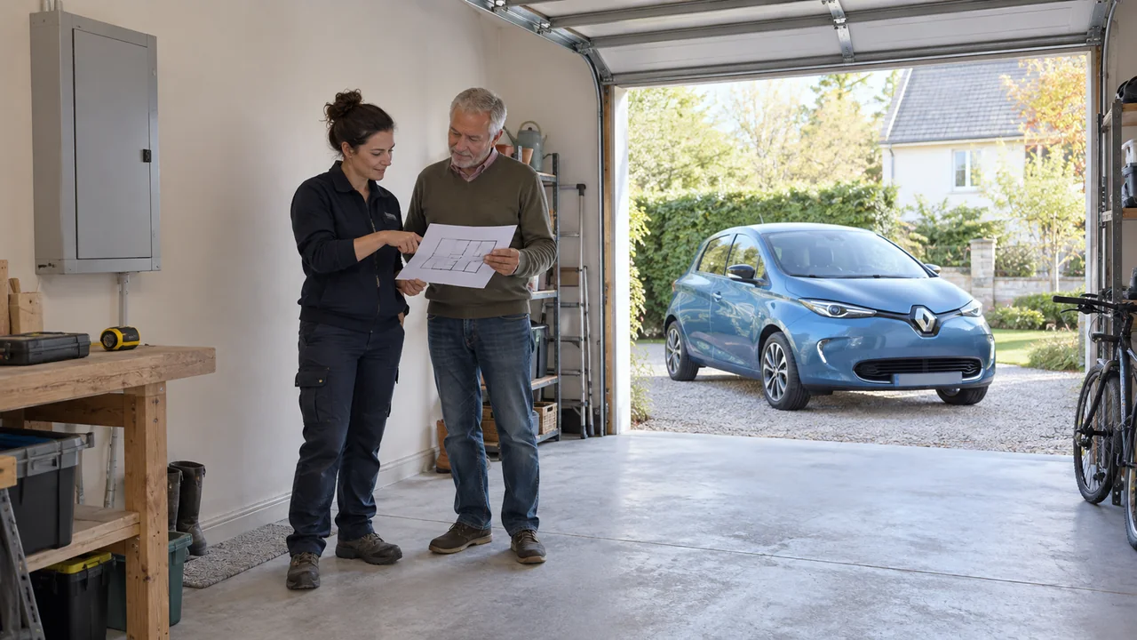 Repérage de l’emplacement d’une future borne avec un installateur dans un garage.