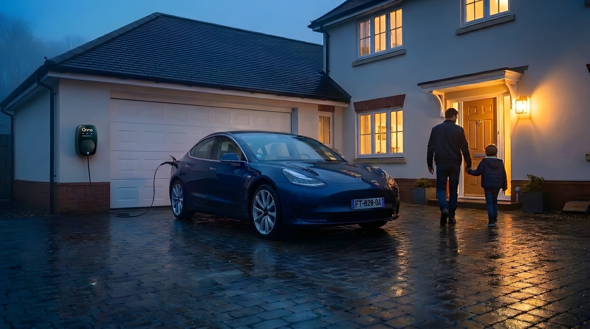 Voiture électrique en charge sur sa borne, devant le garage d'une maison, à la tombée de la nuit