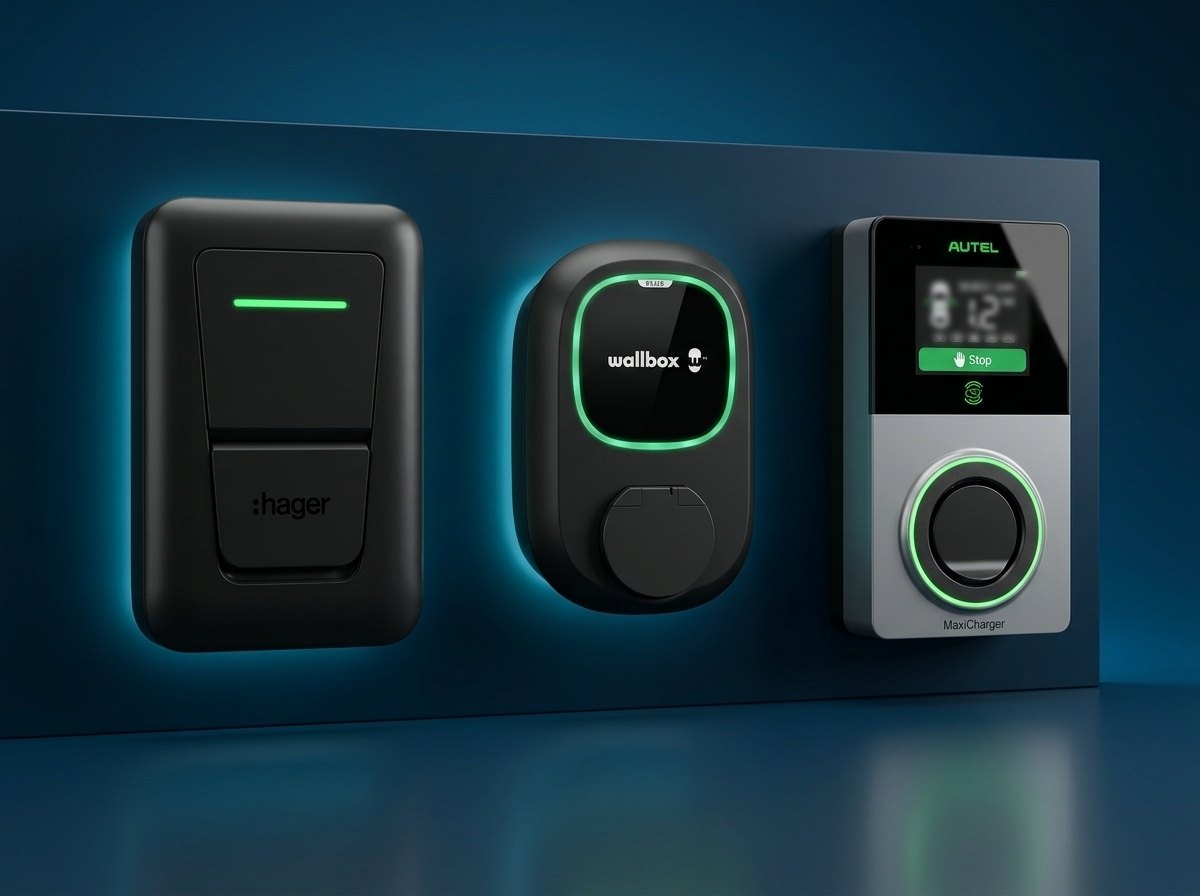 Gamme de bornes de recharge alignées, l'une mise en avant avec son connecteur — installées par Volticom (Wallbox, Hager, V2C, Easee, Alfen…)