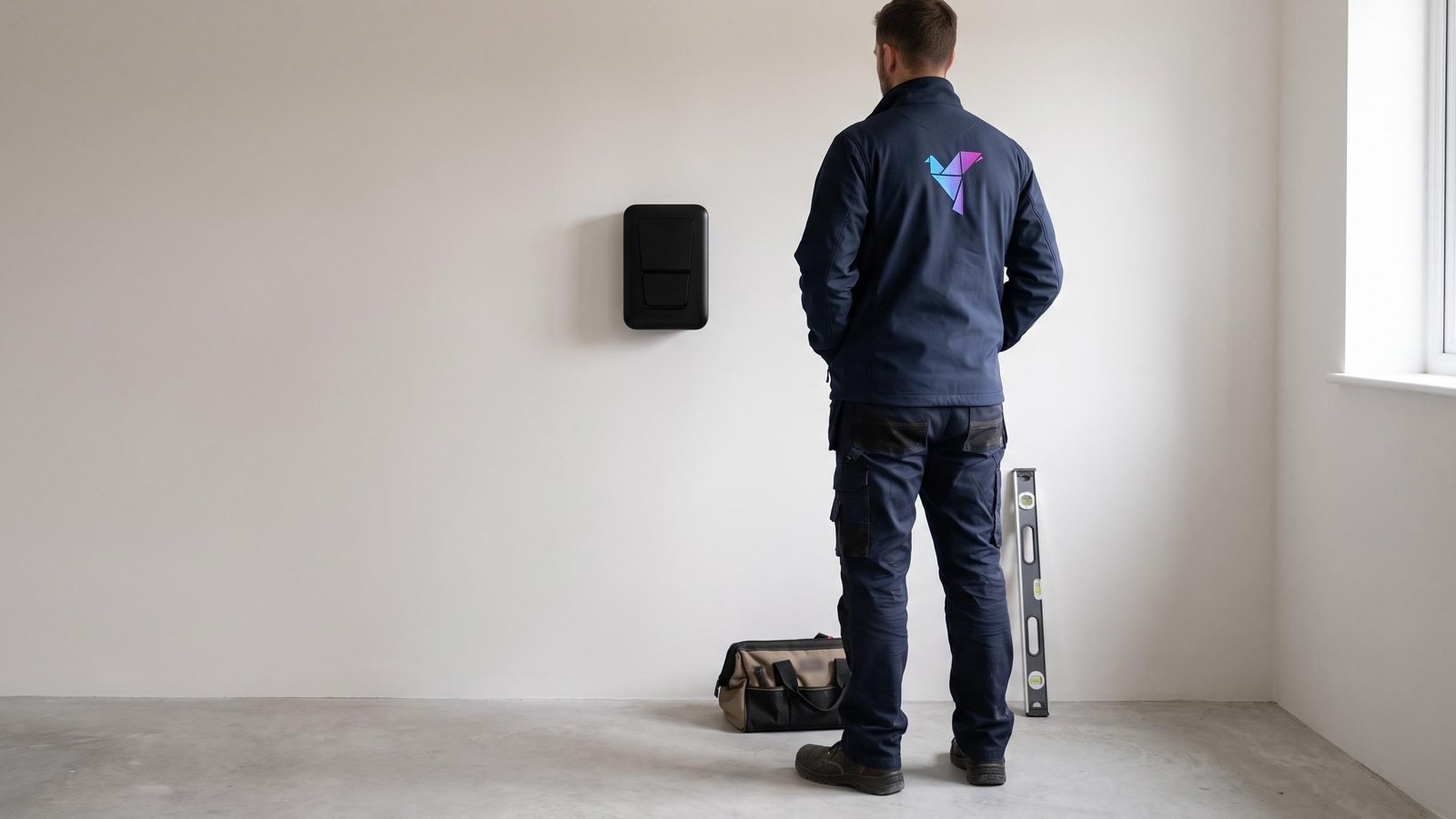 Technicien Volticom devant une borne de recharge murale qui vient d’être posée