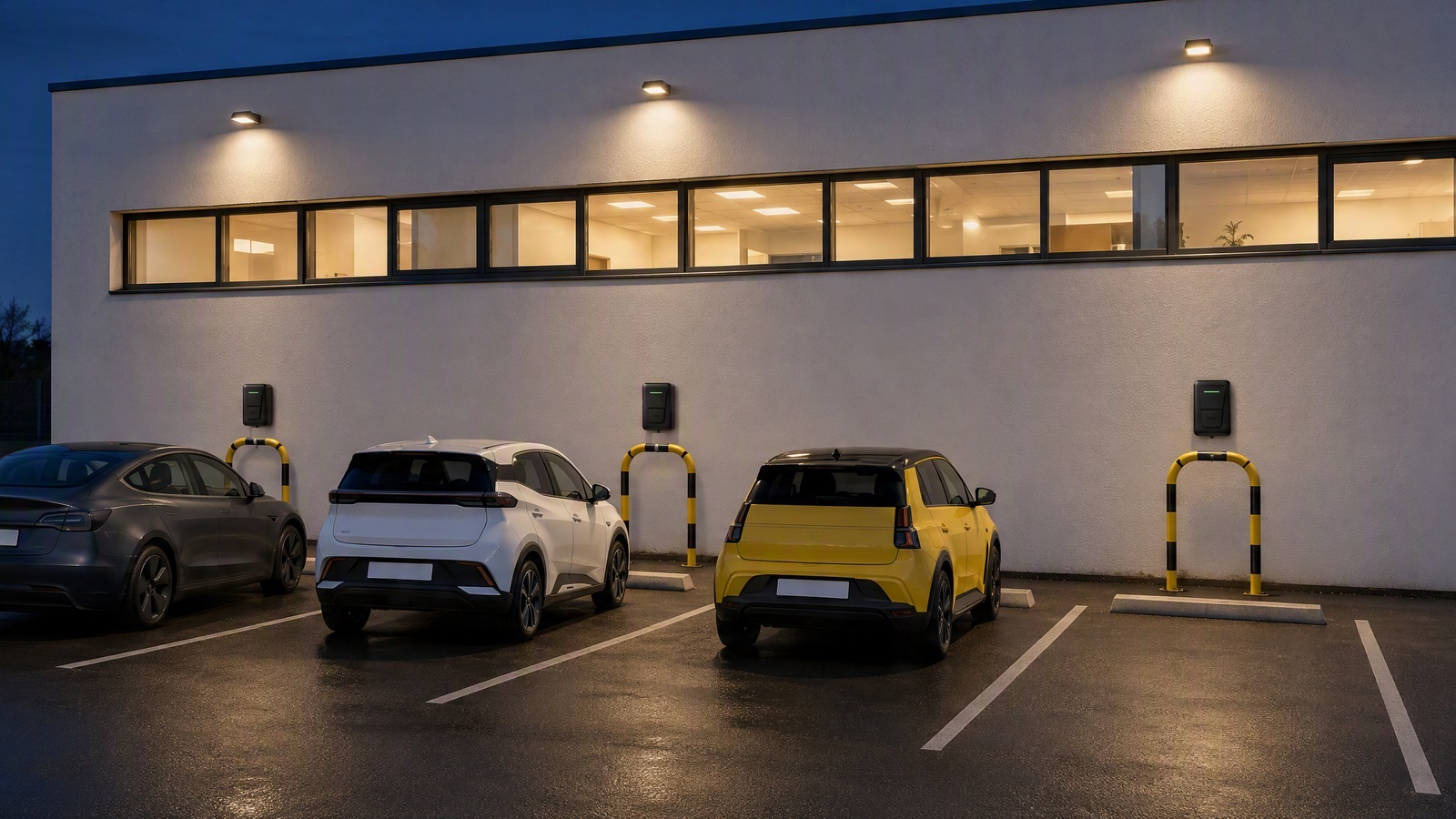 Utilitaires d’entreprise stationnés pour la nuit, chacun devant sa borne