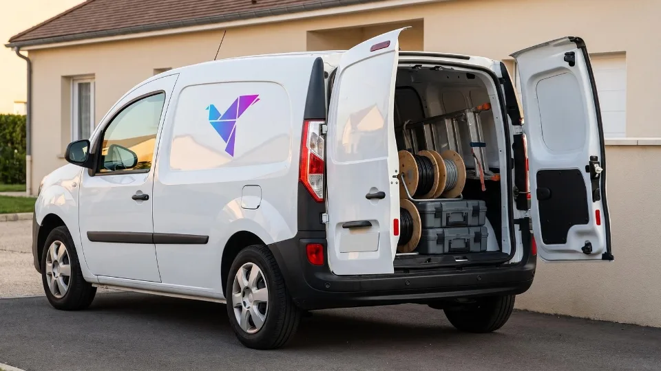 Véhicule d’intervention Volticom avec câbles, outils et matériel.